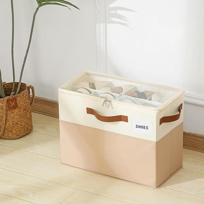 Varhomax Shoe Organizer Box for Closet, Small Fabric Shoe Storage Bin with Adjustable Dividers & Clear Cover, Saving Space Sneakers & Sandals Containers for Entryway, Cubby