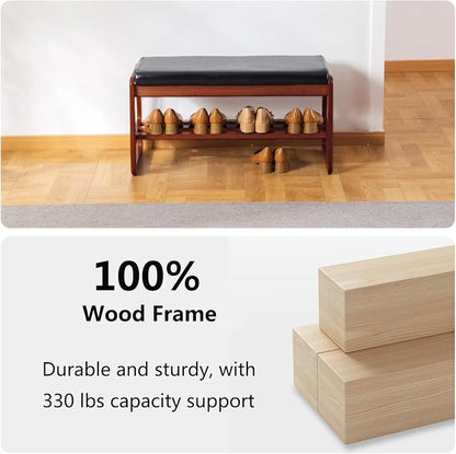 Solid Wood Shoe Bench, 2-Tier Wooden Entryway Bench, Modern Shoe Rack with Faux Leather Cushion for Hallway, Living Room (Black, 31.5'')