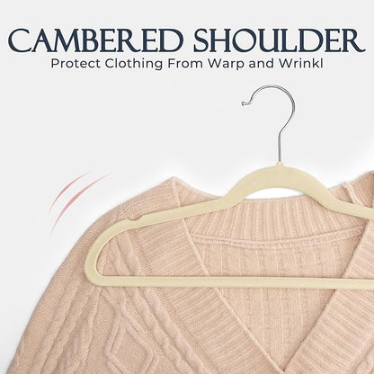 HOUSE DAY Beige Velvet Hangers 60 Pack, Non Slip Clothes Felt Hanger Heavy Duty for Coat, Premium Slim Space Saving Suit Hangers for Closet Organizer, 360° Rotating Silver Hook