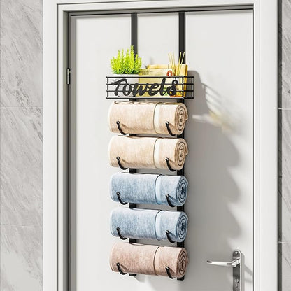 HapiRm Towel Racks for Bathroom Storage - 6 Tier Over The Door & Wall Mount Rolled Towel Storage Organizer Holder with Metal Shelf Basket for Small Bathroom, Camper, Rv - Black, Patented