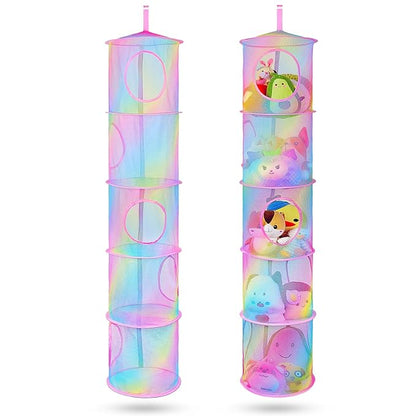 Basumee Stuffed Animals Net or Hammock 2 Pcs Stuffed Animals Storage Toy Net Hammock for Plushies Storage Organizer Mesh Kids Girls Room Decor, Rainbow, 5 Tiers