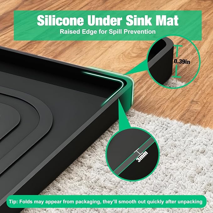 Aisslro Under Sink Mat 28" X 19", Waterproof Silicone Under Sink Mats for Kitchen, Anti-Leak Shelf Liner & Cabinet Protector with Raised Edge, [BPA Free] Bathroom Tray Home Organizer, Black