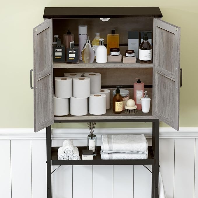 Timboniture Over The Toilet Storage Cabinet, Bathroom Above Toilet Cabinet Organizer with Doors and Adjustable Shelves, Bathroom Shelf Organizer with Anti-Tip Device & Drain Rack, Grey