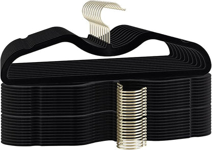 ZBODIMP Velvet Short Neck Hangers - Heavy-Duty, Non-Slip Felt Surface, Space-Saving Design with Anti-Slip Grooves & Shoulder Shape, 360° Rotating Hooks, Durable for Coats, Shirt& Dresses (30, Black B)