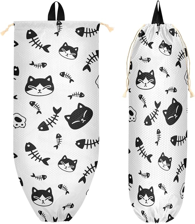 1 PC Plastic Bag Holder Wall Mount Grocery Bag Holder Shopping Bag Trash Bag Storage Organizer Dispenser for Kitchen Closet 22 x 9 Inch Cat and Fish Bone