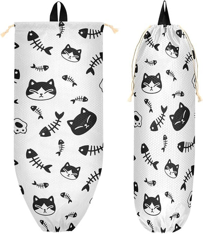 1 PC Plastic Bag Holder Wall Mount Grocery Bag Holder Shopping Bag Trash Bag Storage Organizer Dispenser for Kitchen Closet 22 x 9 Inch Cat and Fish Bone