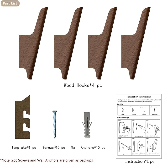 Wood Wall Hooks 4 Pack Coat Hooks Wall Mount Walnut Wooden Hooks for Hanging Hat, Bag, Backpack, Rustic Coat Hooks for Wall, Wood Towel Hooks for Bathrooms and Entryway Hooks (Walnut, Dark)