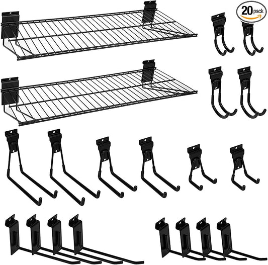 20PCS Slatwall Accessories Set, Includes 2 Pack Slatwall Wire Shelves (30 inches Width) and 18 Pack Heavy Duty Multisize Slatwall Hooks for Garage Organization, Retail Display (30 Inch)