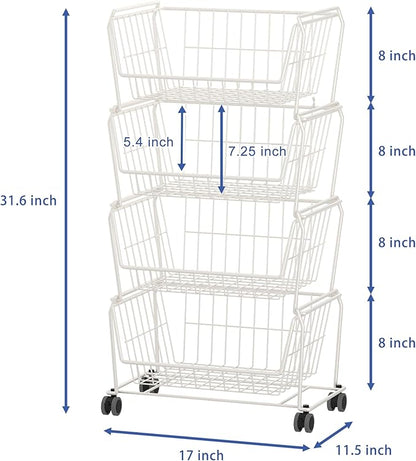 PUSDON Stackable Metal Storage Carts, Dual Use Shelf for Kitchen Fruit Vegetable Baskets with Wheels, Storage Rack for Living Room, Home & Office, Standard White 4 Tiers