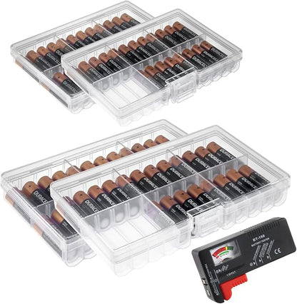 GlossyEnd Set of 4 - Two AA and Two AAA Battery Storage Box, Battery Storage Case Holder with Tester, Clear. Each Case Stores 48 Batteries