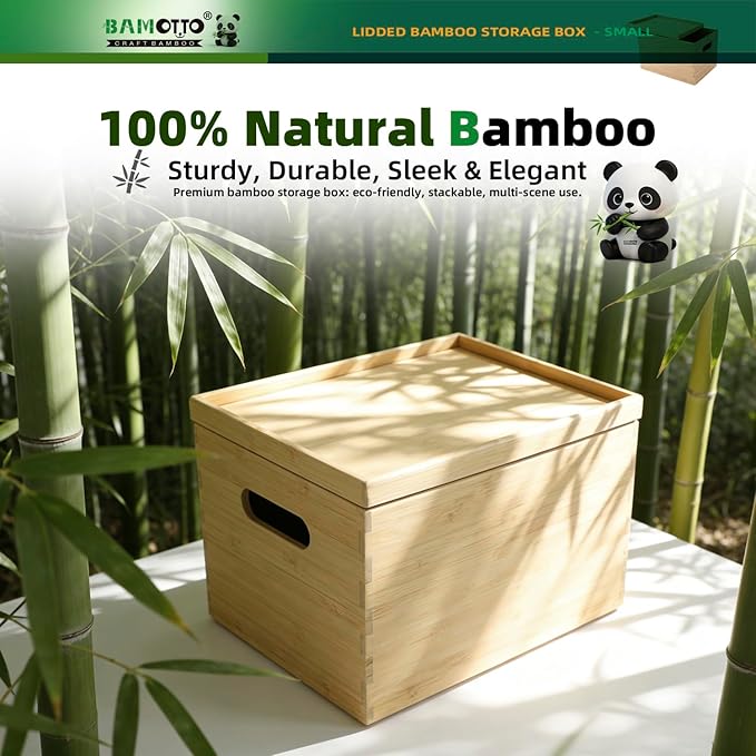 10.2”x7.3”x6.5” Lidded Storage Bins - Stackable Bamboo Box/Cube/Basket with Handles for Home Kitchen Office, Organize Tableware Clothing Toys Books