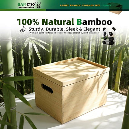 10.2”x7.3”x6.5” Lidded Storage Bins - Stackable Bamboo Box/Cube/Basket with Handles for Home Kitchen Office, Organize Tableware Clothing Toys Books