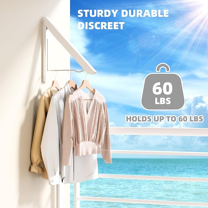 BAKON 2 Pack Clothes Drying Rack Foldable Collapsible, Folding Laundry Rack Wall Mounted Retractable Clothes Hanger for Laundry Room, Indoor & Outdoor Use, Easy Installation, Aluminum (White)