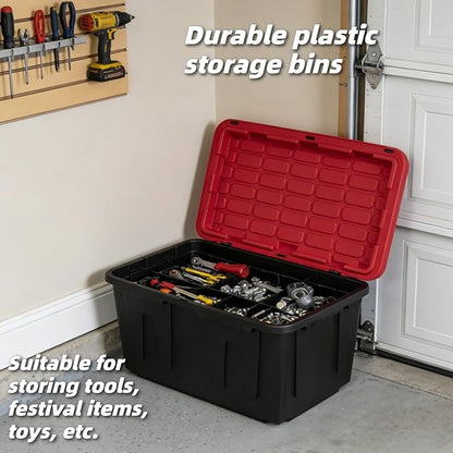 2-Pack Large Industrial Storage Bins – 27 Gallon Heavy-Duty Plastic Containers with Secure Snap-On Lids, Stackable Design, Black & Red for Garage, Basement & Warehouse Organization
