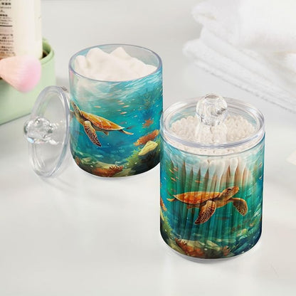MNSRUU 4 Pack Qtip Holder Organizer Dispenser Sea Turtle Pink Bathroom Storage Canister Cotton Ball Holder Bathroom Containers for Cotton Swabs/Pads/Floss