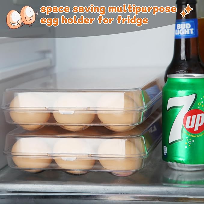 Egg holder for fridge - deviled egg containers with lid, Clear Stackable Plastic Egg Holder, Space-Saving 36 Egg refrigerator Organizer (Clear, Pack of 02)
