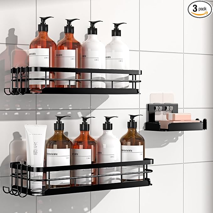 Getsrichfc Large Capacity Shower Caddy, Heavy-Duty Adhesive Shower Organizers with Custom Aesthetic Design Soap, No Drilling Corner Shower Shelves, 5 Hooks for Bathroom Accessories, 3 Pack