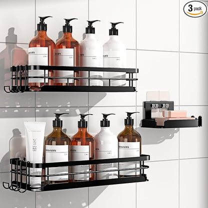 Getsrichfc Large Capacity Shower Caddy, Heavy-Duty Adhesive Shower Organizers with Custom Aesthetic Design Soap, No Drilling Corner Shower Shelves, 5 Hooks for Bathroom Accessories, 3 Pack