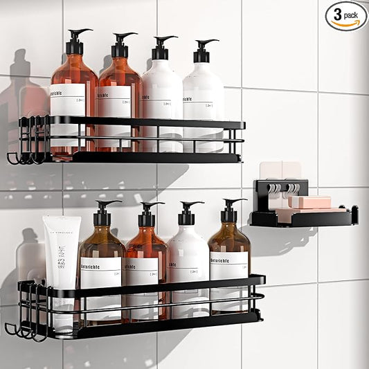 Getsrichfc Large Capacity Shower Caddy, Heavy-Duty Adhesive Shower Organizers with Custom Aesthetic Design Soap, No Drilling Corner Shower Shelves, 5 Hooks for Bathroom Accessories, 3 Pack