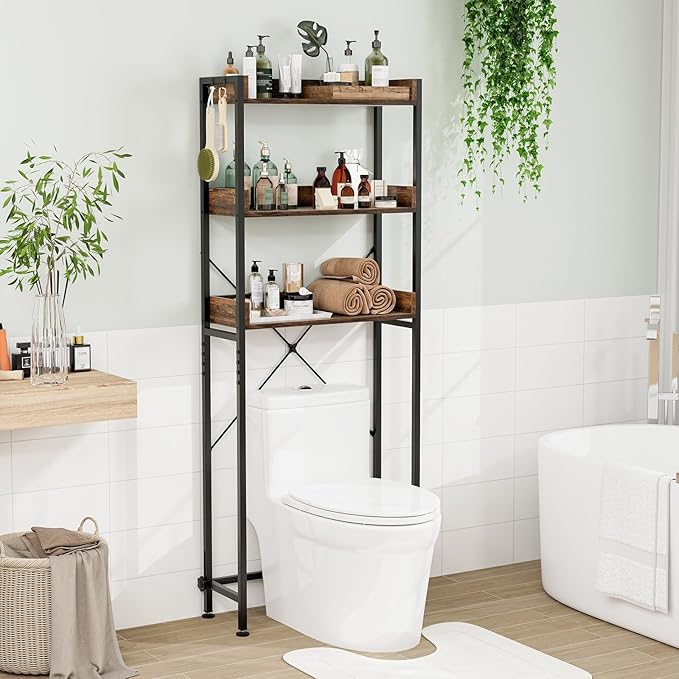 LOKO 3-Tier Over The Toilet Storage Rack, Bathroom Space Saver Shelf, Freestanding Above Toilet Organizer with 4 Hooks, Anti-Tipping Device, Metal Frame Toilet Rack for Balcony Laundry (Brown+Black)
