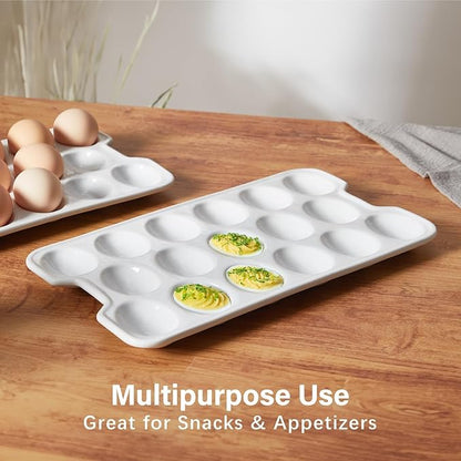 ONEMORE Ceramic Deviled Egg Platter, Christmas Deviled Egg Tray 17-Hole Rectangular Fridge Eggs Holder Appetizer Serving Tray for Entertaining, Easter, Parties, Gatherings & Holidays - Dishwasher Safe