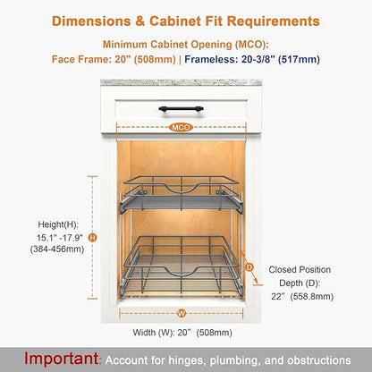 ALINE FURNITURE 2-Tier Pull Out Cabinet Organizer - 20" W x 22" D Soft Close Pullout Shelves with Shelf Liners - Slide Out Drawers for Kitchen Cabinets, Pantry, Bathroom, Heavy Duty Steel Wire Baskets