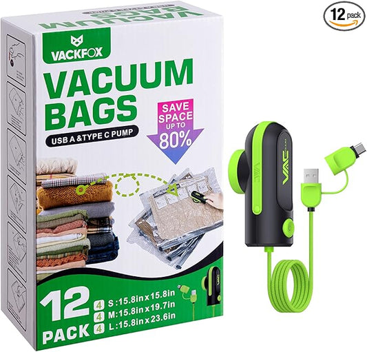 VACKFOX 12 Pack Travel Vacuum Bags for Clothing with USB and TYPE C Pump, Compression Seal Packing Cubes for Luggage Suitcase Backpack,Carry-on Size Space Saver Storage Bags for Vacation Cruise（Green）