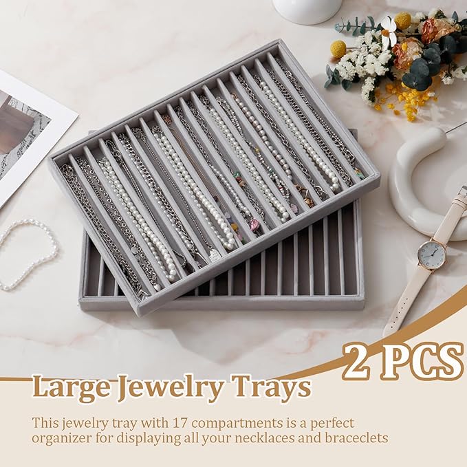 KATISYIO Large Velvet Jewelry Tray 2 Pack Stackable Jewelry Display Drawer Inserts Trays Organizer for Earring Bracelet Necklace Ring (Gray, 16 Grids)