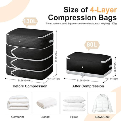 Easortm Comforter Storage Bag - 130L Large Capacity Blanket Storage Bags 4-Layer Ultra Space Saving Self Compression Organizer, Washable Compression Bags for Storage Comforter Blanket, 4-Pack, Black