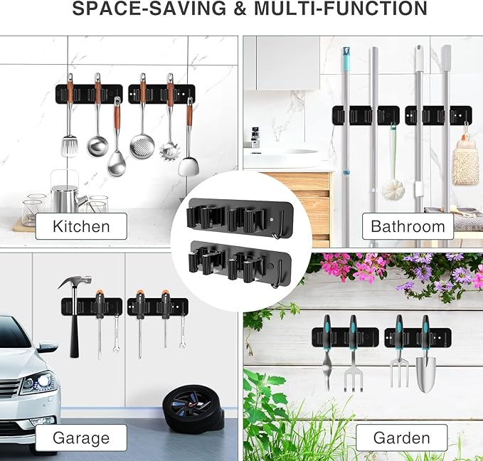 Wall Mount Mop and Broom Holder, Heavy Duty Stainless Steel Organizer Rack with Hooks | 4-Pack, 2-in-1 No Drill & Screw Installation, Black