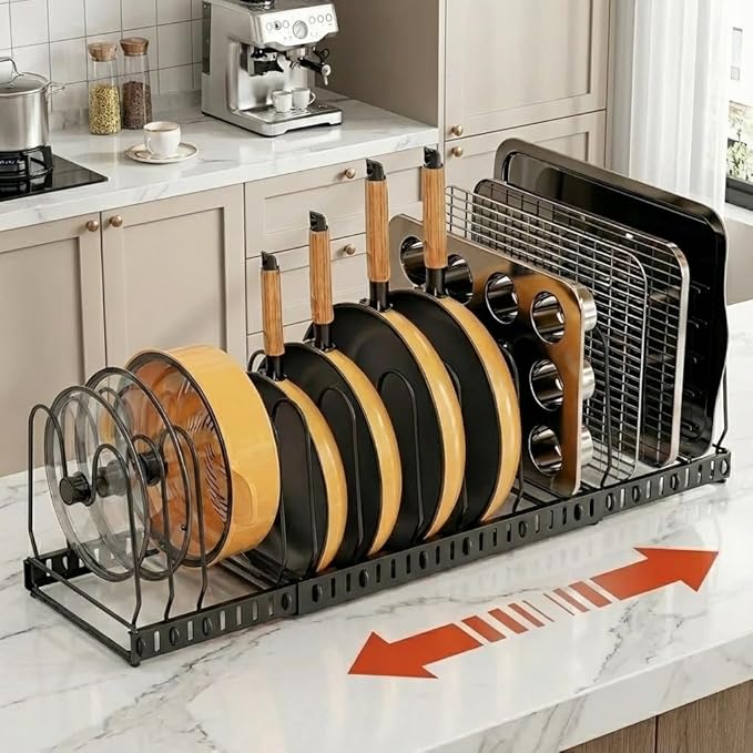 Besda Pot and Pan Organizer Rack for Cabinet, Expandable Pot Lid Organizer Holder with 12 Adjustable Compartment for Kitchen Cutting Board, Pan Lid, Cabinet Cookware Baking