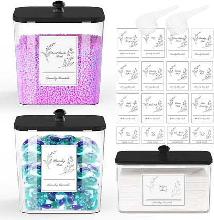 3 Pack Plastic Laundry Pods Container & Dryer Sheet Holder, Laundry Room Organization and Storage Jars with Lids, Scoops & Labels for Detergent, Powder, Scent Booster(Black Lid)