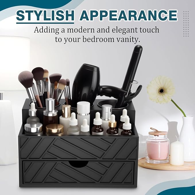 BrightRow Black Hair Tool Organizer with Drawer, Hair Brush Storage for Bathroom and Vanity Countertop, Fits Blow Dryer, Curling Iron, Makeup Brushes, Skincare, Hot Tools Organizer for a Tidy Counter