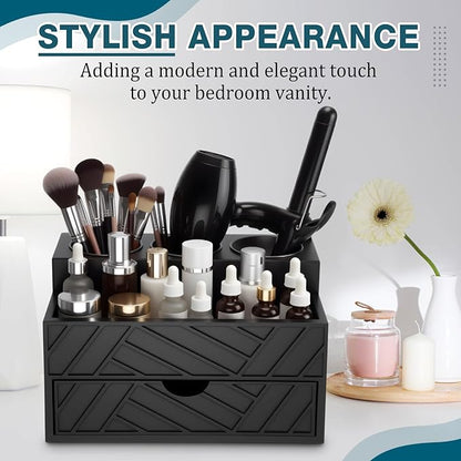BrightRow Black Hair Tool Organizer with Drawer, Hair Brush Storage for Bathroom and Vanity Countertop, Fits Blow Dryer, Curling Iron, Makeup Brushes, Skincare, Hot Tools Organizer for a Tidy Counter