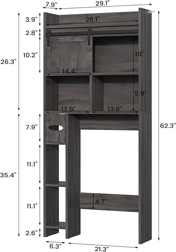 Semoic Over The Toilet Storage Cabinet, Over The Toilet Shelf with Sliding Door & Toilet Paper Holder Stand, Bathroom Above Toilet Storage, Home Space-Saving Toilet Rack for Bathroom, Restroom, Grey