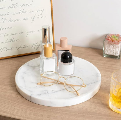 Natural Marble Decorative Tray for Bathroom Bedroom Kitchen Dresser, 9.8” Round Vanity Trays for Jewelry, Perfume, Cosmetic, Candle, Countertop Storage Organizer for Home Decor White, Arabescato