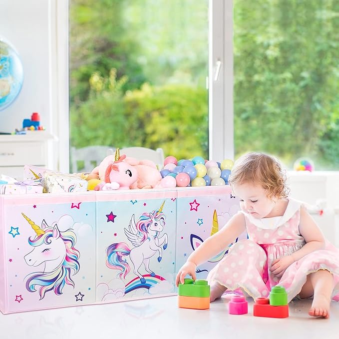 WERNNSAI Extra Large Toy Chest - Unicorn Toy Box Chest Organizer with Flip-Top Lid Collapsible Sturdy Storage Bin with Handles 38 x 13 x 16 Inch for Kids Girls Pink Closet Nursery Living Room Bedroom