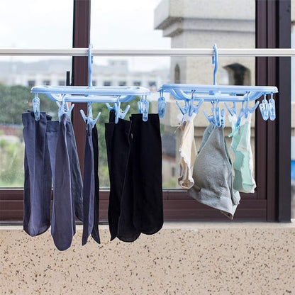 Small Clip & Drip Hanger 2-Pack, 12 Clips & 360 Rotatable Hook, Drying Hanger for Towels, Bras, Baby Clothes, Gloves, Blue