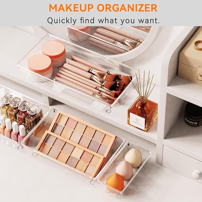 Criusia 30 Pack Large Clear Plastic Drawer Organizer Bins - Acrylic Kitchen Drawer Organization and Storage Dividers for Utensils Gadgets, Office Bathroom and Vanity Organizer for Makeup Accessoires