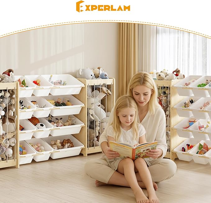 Large Toy Storage Organizer, Wooden Stuffed Animal Storage & 12-Bins Toy Organizer, Double-Sided Plush Toy Holder Featuring Thicker Ropes, Space Save Playroom Nursery Bedroom Storage, White