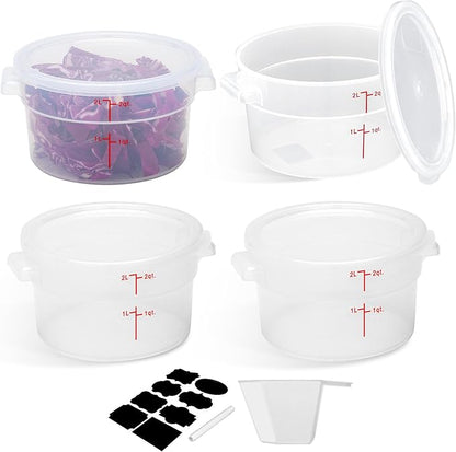 BIEAMA 4 Pack Round Food Storage Containers with Lids, 2Qt Translucent, Polypropylene, BPA Free, Includes Labels & Measuring Cups