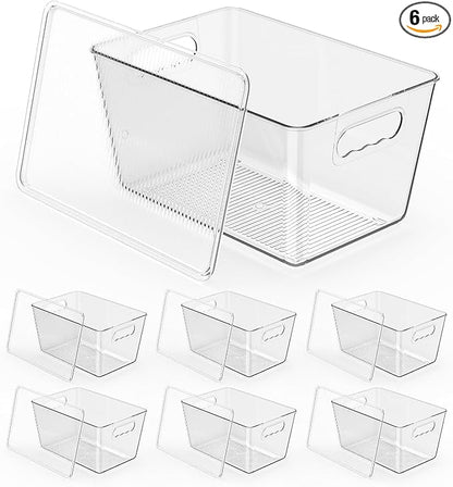 Clear Stackable Storage Bins, Pantry Organizers & Storage Containers, Cabinet Organizer, Home Organization Must Haves for Kitchen, Laundry Room, Office, Closet & Freezer (6 Pack with Lids)
