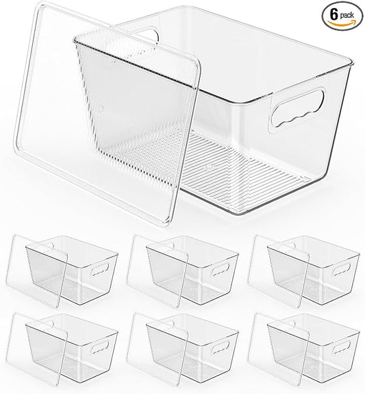 Clear Stackable Storage Bins, Pantry Organizers & Storage Containers, Cabinet Organizer, Home Organization Must Haves for Kitchen, Laundry Room, Office, Closet & Freezer (6 Pack with Lids)