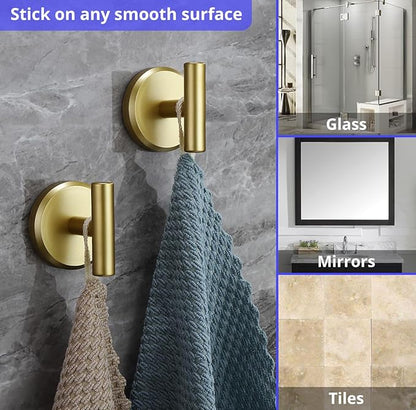 HOME SO Suction Cup Hooks T Shape (2 or 4 Pack) (Brushed Gold, 2, Count)