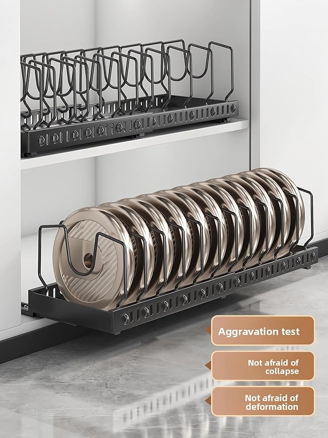 Mnftive pots and pans organizer under cabinet,pot lid organizers inside cabinet holders for kitchen,Horizontal and vertical pulling modes,cast iron storage (Black Vertical pull-out)