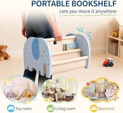 Double Sided Kids Bookshelf – 2 Tier Portable Toddler Bookshelf, Book Shelf for Kids Rooms & Playroom, Cute Elephant Design Wooden Montessori Baby Bookshelf,Toddler Book Display Shelves,Blue