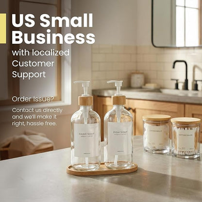 Maisonovo Glass Soap Dispenser Bathroom Set | Hand Soap and Dish Soap Dispenser Set | 16.9oz Clear Bottles with White Bamboo Pump | Bathroom Lotion Dispenser with Pump Set of 2