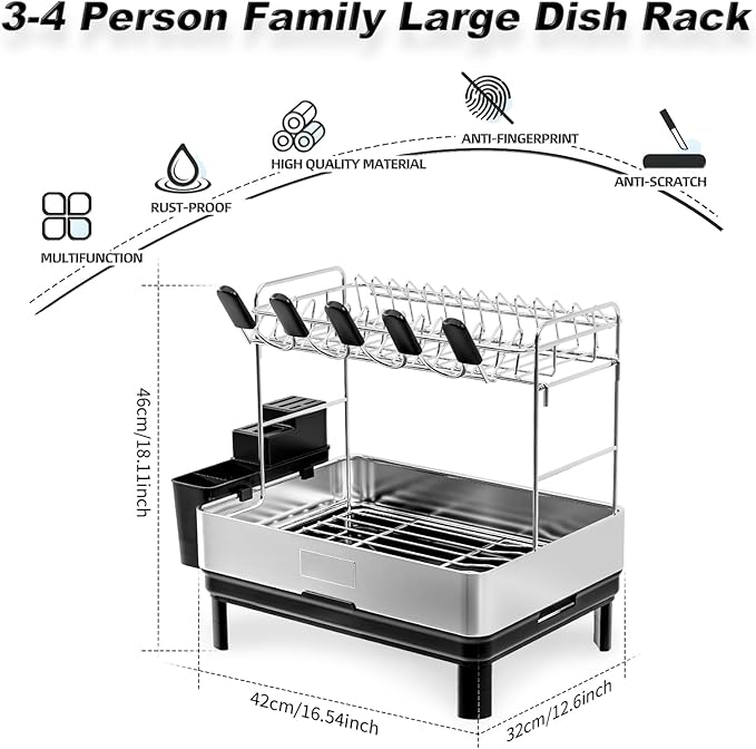 Ewaiira Dish Drying Rack, 2 Tier Large Dish Rack, Stainless Steel Dish Drainer for Kitchen Counter, Dishes Rack with Automatic Drainage, Utensil Holder,Cups Holder,Space Saving Kitchen Organizer,Black