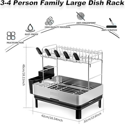 Ewaiira Dish Drying Rack, 2 Tier Large Dish Rack, Stainless Steel Dish Drainer for Kitchen Counter, Dishes Rack with Automatic Drainage, Utensil Holder,Cups Holder,Space Saving Kitchen Organizer,Black