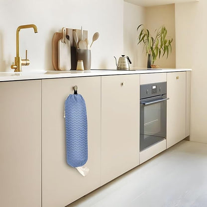 1 PC Plastic Bag Holder Wall Mount Grocery Bag Holder Shopping Bag Trash Bag Storage Organizer Dispenser for Kitchen Closet 22 x 9 Inch Blue Wavy Lines